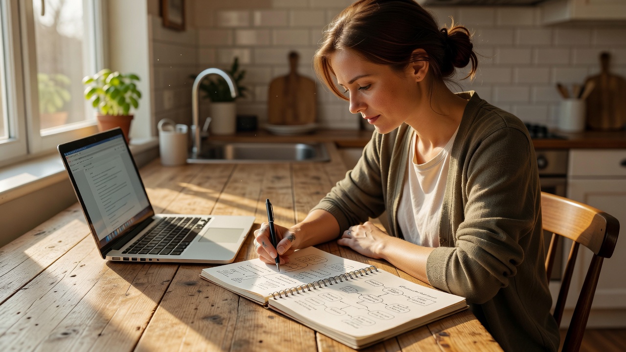A woman at a kitchen table with a laptop and an open notebook, sketching career ideas in afternoon sunlight