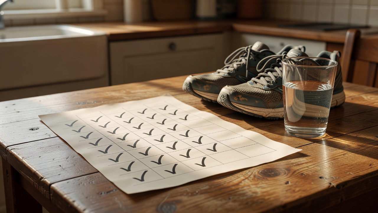A paper habit tracker with hand-drawn ticks lying on a kitchen table next to running shoes and a glass of water