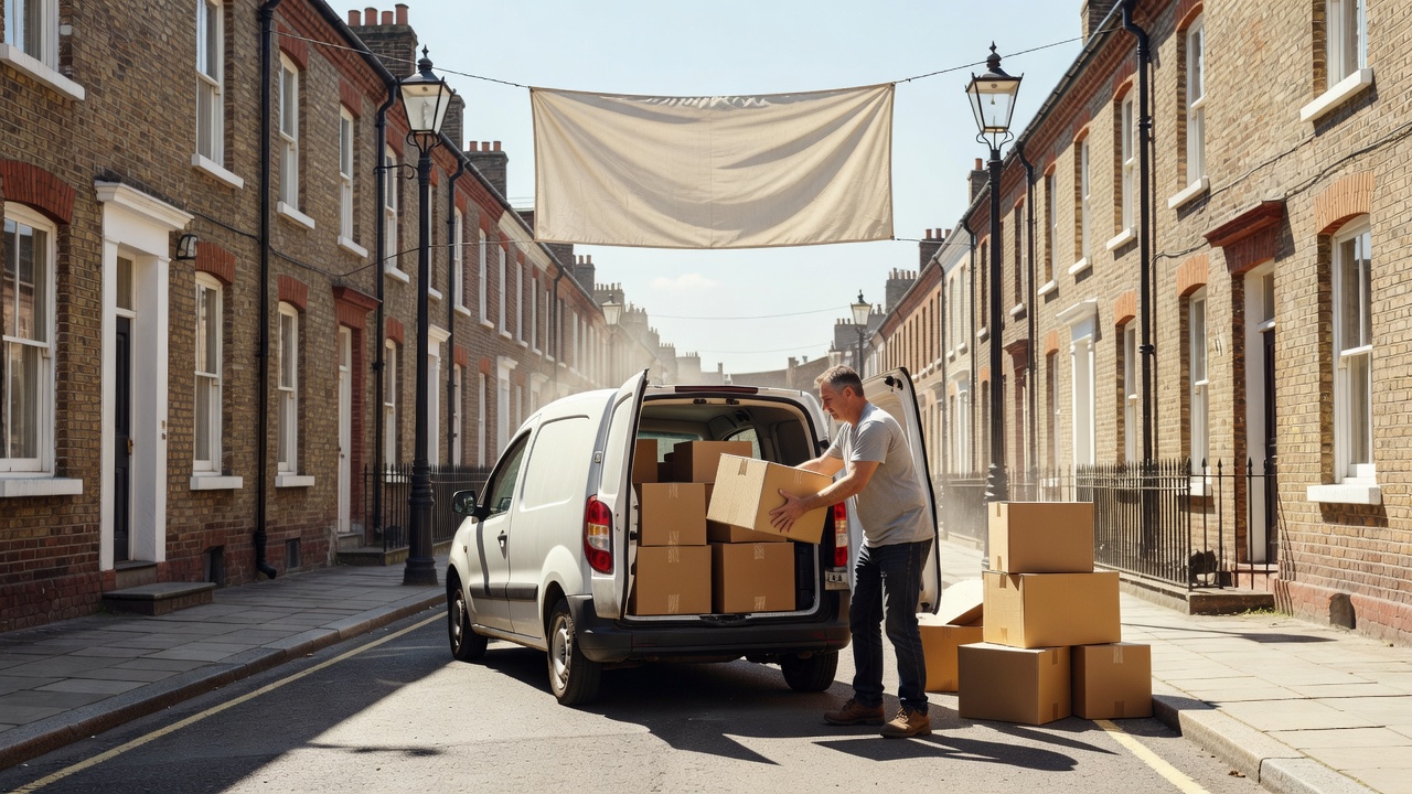 A person unloading boxes from a small van on a sunny city street lined with brick terraced houses