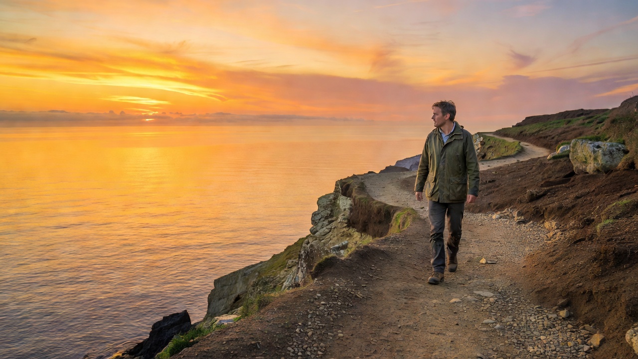 A man walking alone along a coastal footpath at sunrise, the sea calm and golden beside him
